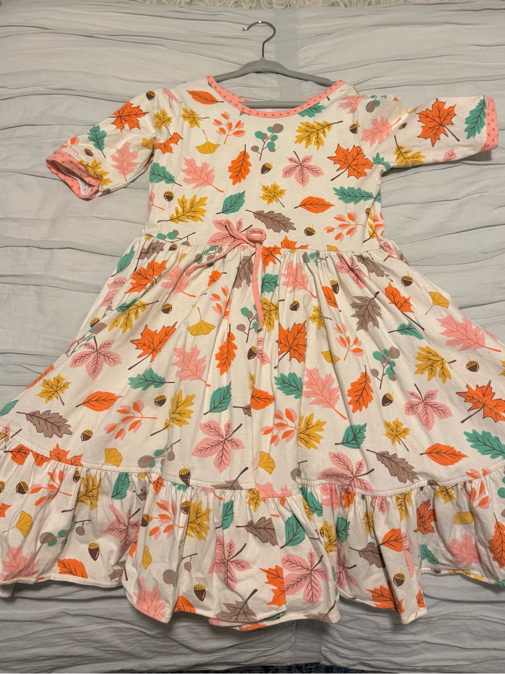 Size 8/10 Eleanor Rose White Dress with Orange, Pink & Teal Autumn Leaves